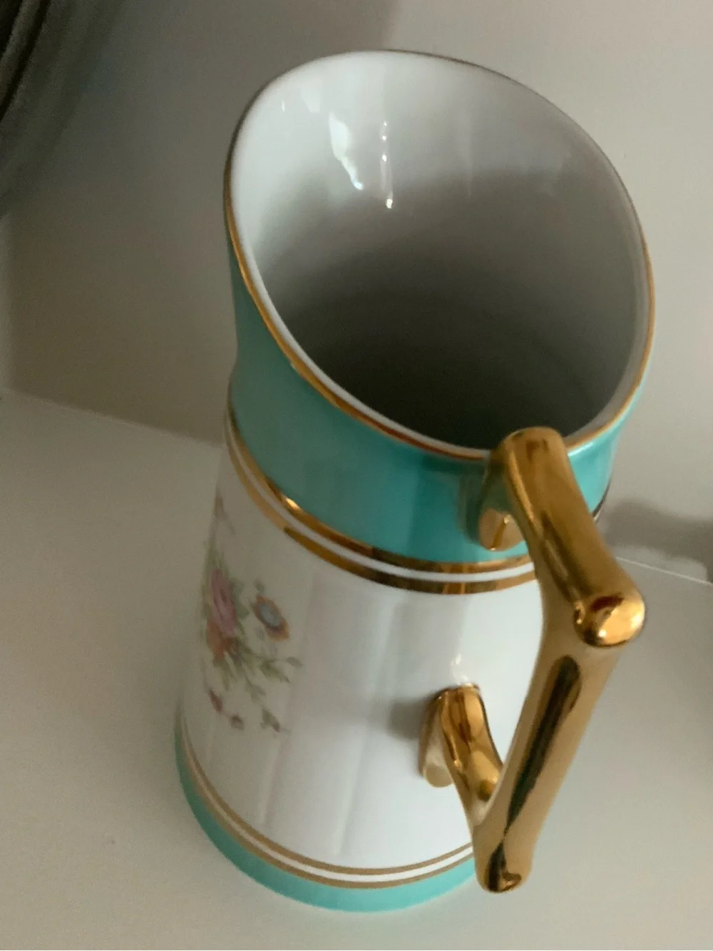 Porcelain Poland Floral Pitcher with Turquoise Trim and Gold Handle